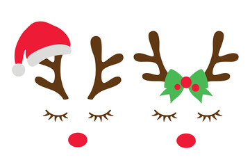 Vector illustration of reindeer faces with a Santa clause hat and a bow. © JungleOutThere