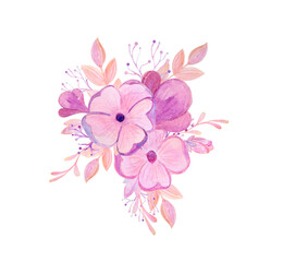 Watercolor pink, lilac bouquet with twigs. Cute illustration for decoration of weddings and holidays. Clipart on a white background