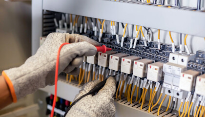 Electrician engineer uses a multimeter to test the electrical installation and power line current...