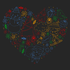 Christmas winter vector background with children. Kids vacation and sport.