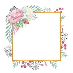 White and pink roses flowers, green leaves, berries in a gold square frame. Watercolor illustration