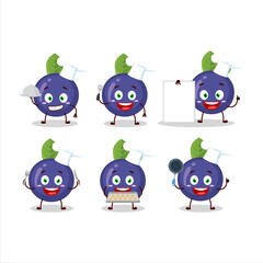 Cartoon character of blueberry with various chef emoticons