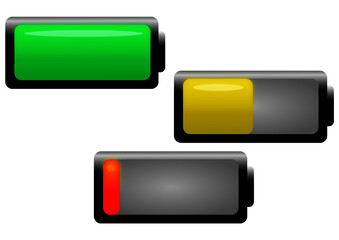 Green Yellow and Red Battery Icon Vector Set. A battery is a device consisting of one or more electrochemical cells with external connections for powering electrical devices such as flashlights, mobil