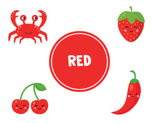 Learning red color for preschool kids. Educational worksheet.