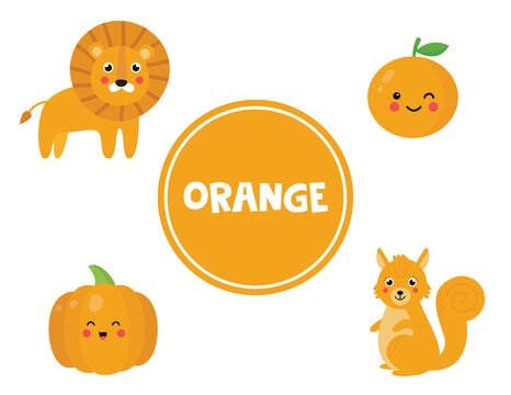 Learning orange color for preschool kids. Educational worksheet.