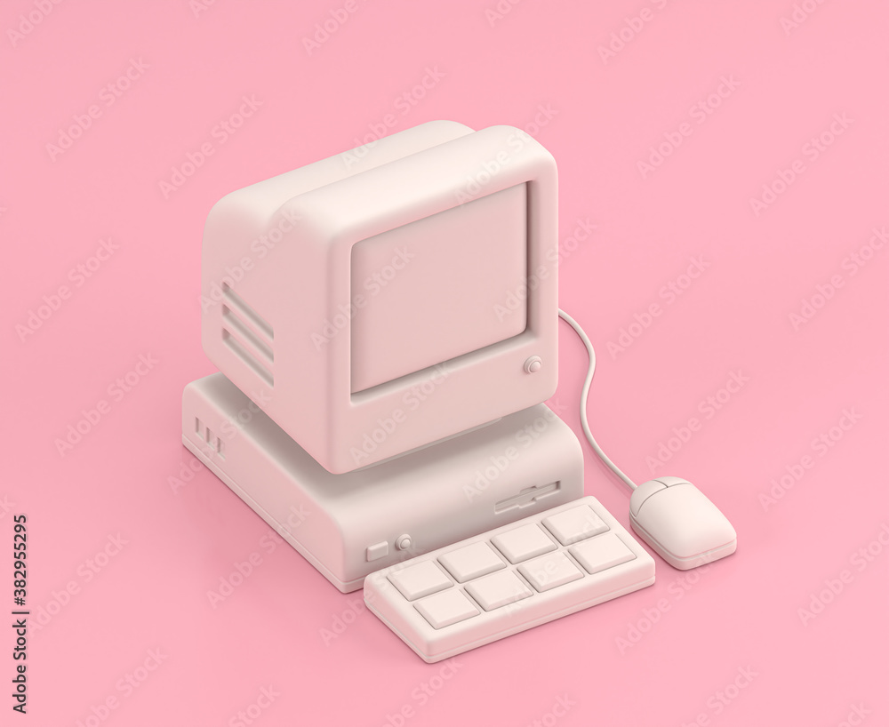 Aufkleber isometric 3d icon, an old computer with keyboard and mouse in flat color pink room,single color whit