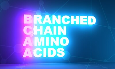 BCAA - Branched Chain Amino Acids acronym. Sport nutrition concept background. 3D rendering. Neon bulb illumination