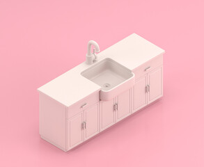 Isometric white kitchen counter in flat color pink room,single color white, cute toylike household objects, 3d rendering, 3d icon