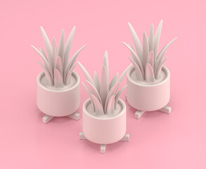 Isometric white house plant with four legs pot in flat color pink room,single color white, cute toylike household objects, 3d rendering, 3d icon