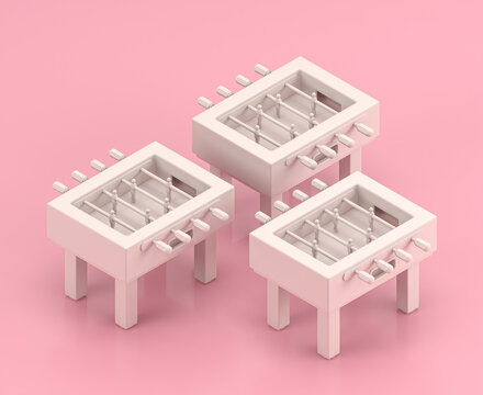 Isometric 3d Icon, a group of white foosball tables in flat color pink room,single color white, cute toylike household objects, 3d rendering
