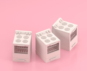 Isometric white oven in flat color pink room,single color white, cute toylike household objects, 3d rendering, 3d icon
