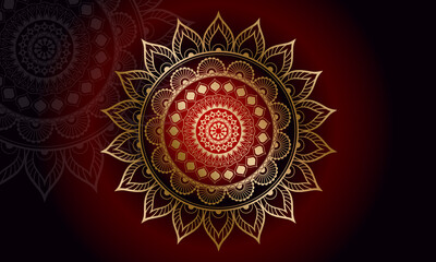 Luxury geometric gold gradient dark red mandala background. Design for any card, birthday, other holiday, kaleidoscope, yoga, india, folk, arabic. Indian pattern.