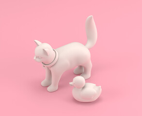 Isometric  cat and rubber ducky figurines, 3d Icon in flat color pink room,single color white,3d rendering