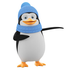 Cartoon character penguin in winter clothes points to an empty space on a white background. 3d render illustration. Illustrations for advertising.