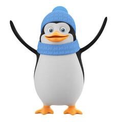 Cartoon character penguin in winter clothes with raised wings on an isolated white background. 3d render illustration. Illustrations for advertising.