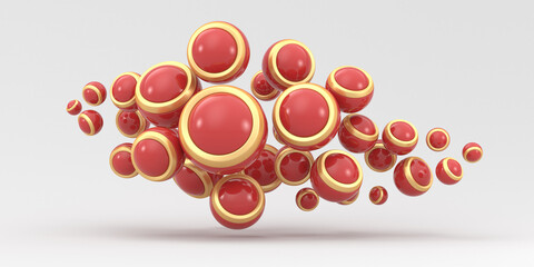 Abstraction illustration. Red with gold balls are flying on a white background. 3d render illustration. Illustration for advertising.