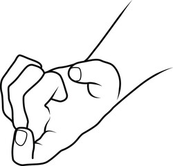 Line drawing of a human male hand. Making the come here gesture.