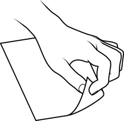 Line drawing of a human male hand. Pulling up one corner of a piece of paper or fabric.