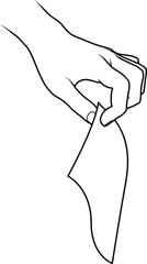 Line drawing of a human male hand. Holding a piece of paper or fabric.