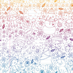 Christmas winter vector background with children. Kids vacation and sport.