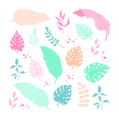 Abstract spring background with tropical leaves and floral elements, simple and trendy with flat style
