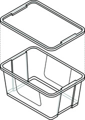 A transparent plastic storage tub with lid off.