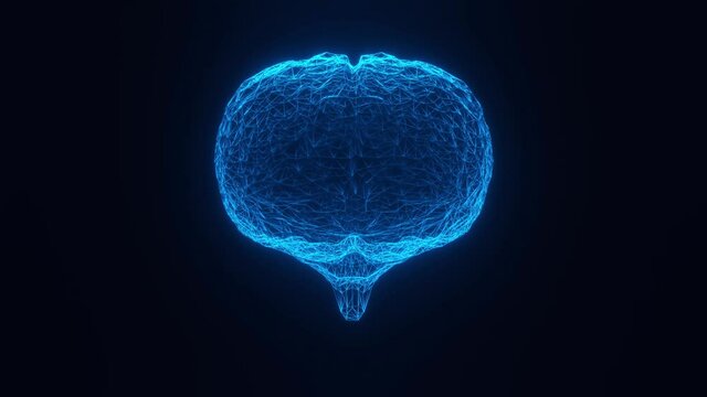 Brain 3D low polygon. Abstract glowing blue triangular wireframe brain animation. 3d rendering motion animation. Isolated spinning futuristic brains on black background. 