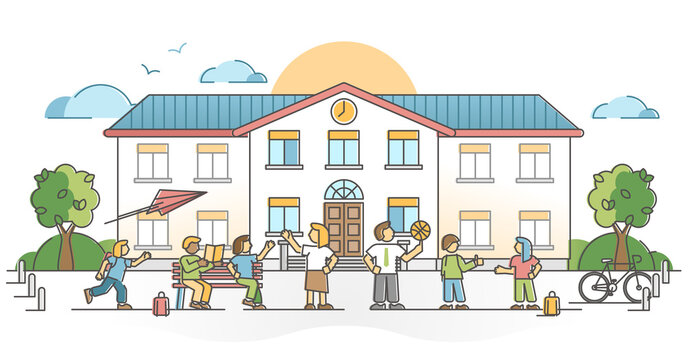 School building exterior with pupil and kids with teachers outline concept