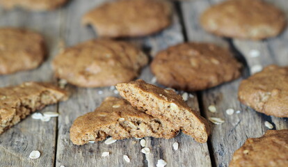 Diet healthy food.Oatmeal cookies with the addition of whole grain rye flour on a wooden background.