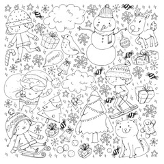 Christmas winter vector background with children. Kids vacation and sport.