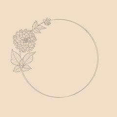 Circle frame of Dahlia Flowers and Branches. Round Icon in a Trendy Minimalistic linear style. Vector Floral wreath for cosmetics logo, beauty Studio, hair salon, spa