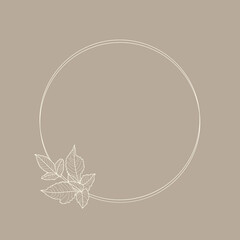 Circle frame of Dahlia Flowers and Branches. Round Icon in a Trendy Minimal linear style. Vector Floral wreath for cosmetics logo, beauty Studio, hair salon, handmade, spa