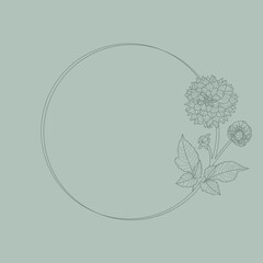Circle frame of Dahlia Flowers and Branches. Round Badge in a Trendy Minimalistic linear style. Vector Floral wreath for cosmetics logo, beauty Studio, hair salon, handmade, spa