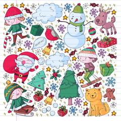 Christmas winter background with children. Kids vacation and sport.