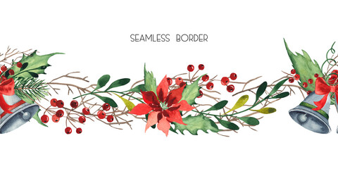 Naklejka premium Watercolor Christmas seamless border with Christmas bells, bow and holly. Watercolor hand drawn painting illustration isolated on white background.