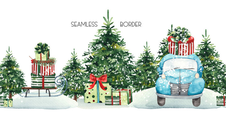 Watercolor Christmas seamless border with blue pickup, Christmas tree, gifts, Christmas truck