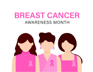 The power to fight breast cancer, women wearing pink ribbons for breast cancer campaign. Cartoon character design. Vector illustration.