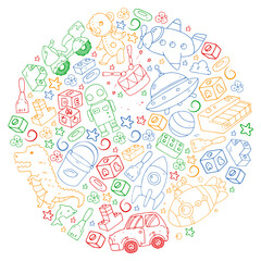 Set of vector toys for little children. Ufo, submarine. Cartoon dinosaur. Kindergarten kids.