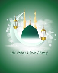 Vector illustration of Eid Milad-Un-Nabi means birth of the Prophet, mosque, moon, stars, lanterns, muslim pattern and bokeh background, Islamic greeting banner template.