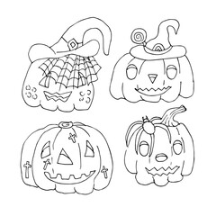 A set of Doodle pumpkins. Pumpkins for Halloween. A linear pattern. Coloring pages for children and adults.