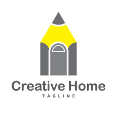 Creative home logo design, with a house and pencil object symbol.