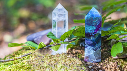 Gemstones fluorite, quartz crystal and various stones. Magic rock for mystic ritual, witchcraft...