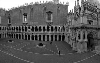 Panorama of old palace in Venetian plaza. Venice architecture.