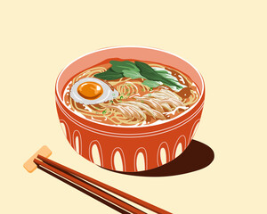 chicken noodles and eggs with  soup, food vector illustration