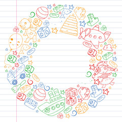 Set of vector toys for little children. Ufo, submarine. Cartoon dinosaur. Kindergarten kids.