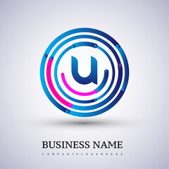 Letter U vector logo symbol in the circle thin line colored blue and red. Design for your business or company identity.