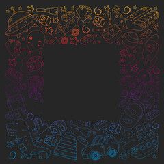 Set of vector toys for little children. Ufo, submarine. Cartoon dinosaur. Kindergarten kids.