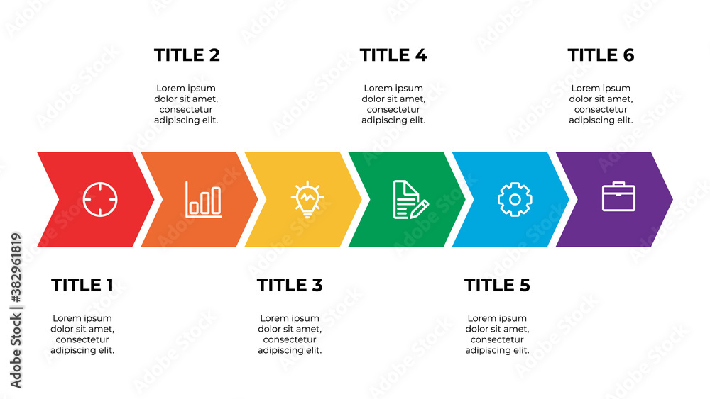 Poster infographic template element with six points of title and icons, can be used for workflow, timeline,