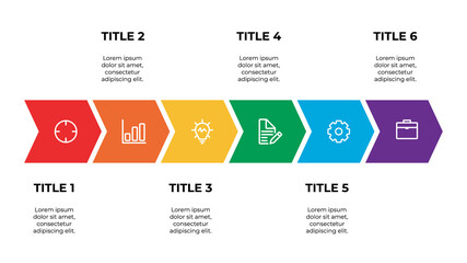infographic template element with six points of title and icons, can be used for workflow, timeline, process, information, presentation slide, etc.