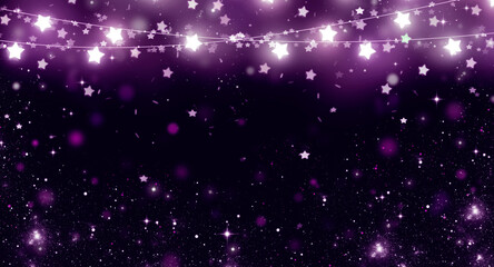 Abstract blurry purple bokeh background and garland of stars